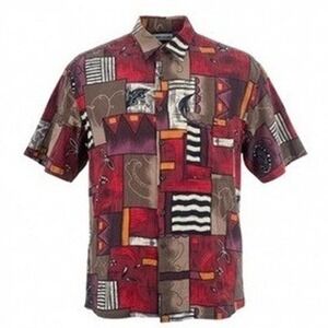 Pierre Cardin Mens Large Button Up Shirt Red Abstract Rayon Short Sleeve Vintage